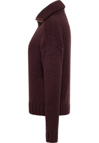 Bordeauxroter gestrickter Pullover mit hohem Kragen, geripptem Saum und langen Ärmeln, mit strukturierter Stoffqualität und leicht weiter Passform.