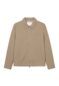 Giacca marrone con zip frontale, colletto piatto, due tasche frontali e maniche lunghe. Tessuto liscio e design minimalista. Etichetta del marchio visibile all'interno.