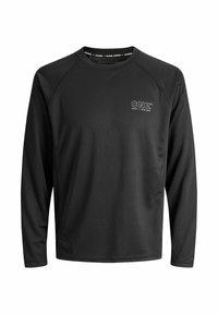 Sort langærmet træningsshirt lavet af fugttransporterende stof, med rund hals og et lille logo øverst til venstre.