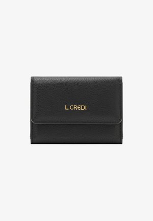 Black leather wallet with textured surface, featuring a gold "L.CREDI" logo on the front, and a flap closure. Compact design.