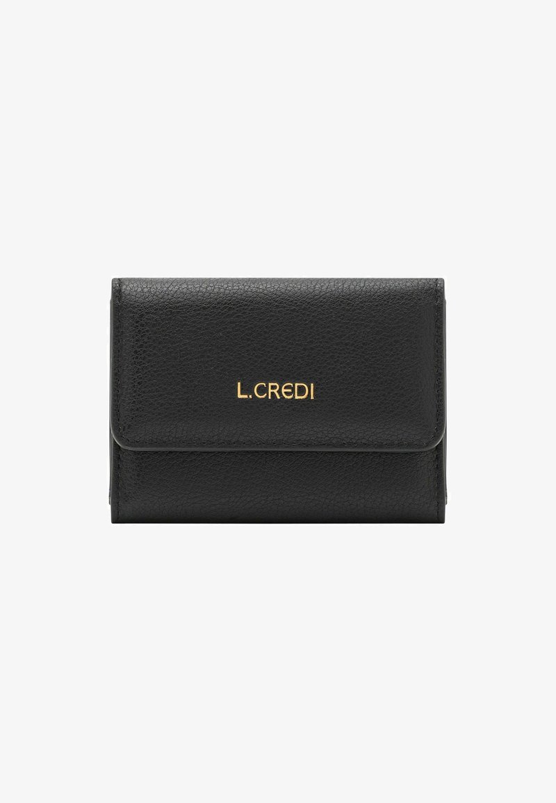 Black leather wallet with textured surface, featuring a gold "L.CREDI" logo on the front, and a flap closure. Compact design.