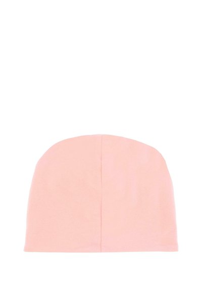 Bonnet en laine rose clair en tissu doux, avec un sommet arrondi et un design sans couture. Convient à un style décontracté.