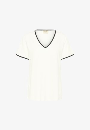 White short-sleeve V-neck shirt with black trim on neckline and sleeve edges, labeled "CREAM" on the inside back collar.