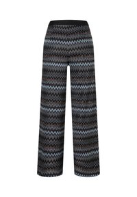 Weite Hosen mit einem Zickzackmuster in Blau-, Schwarz- und Brauntönen. Hergestellt aus einem strukturierten Stoff mit einem elastischen Bund.