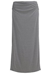 Jupe maxi noire et blanche à rayures avec taille froncée, fabriquée en tissu doux, présentant une silhouette droite et une texture subtile.