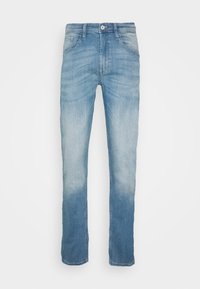 Světle modré džíny z denimu se střihy rovnýma nohama, s vybledlým gradientním efektem, pěti kapsami a zapínáním na knoflík.