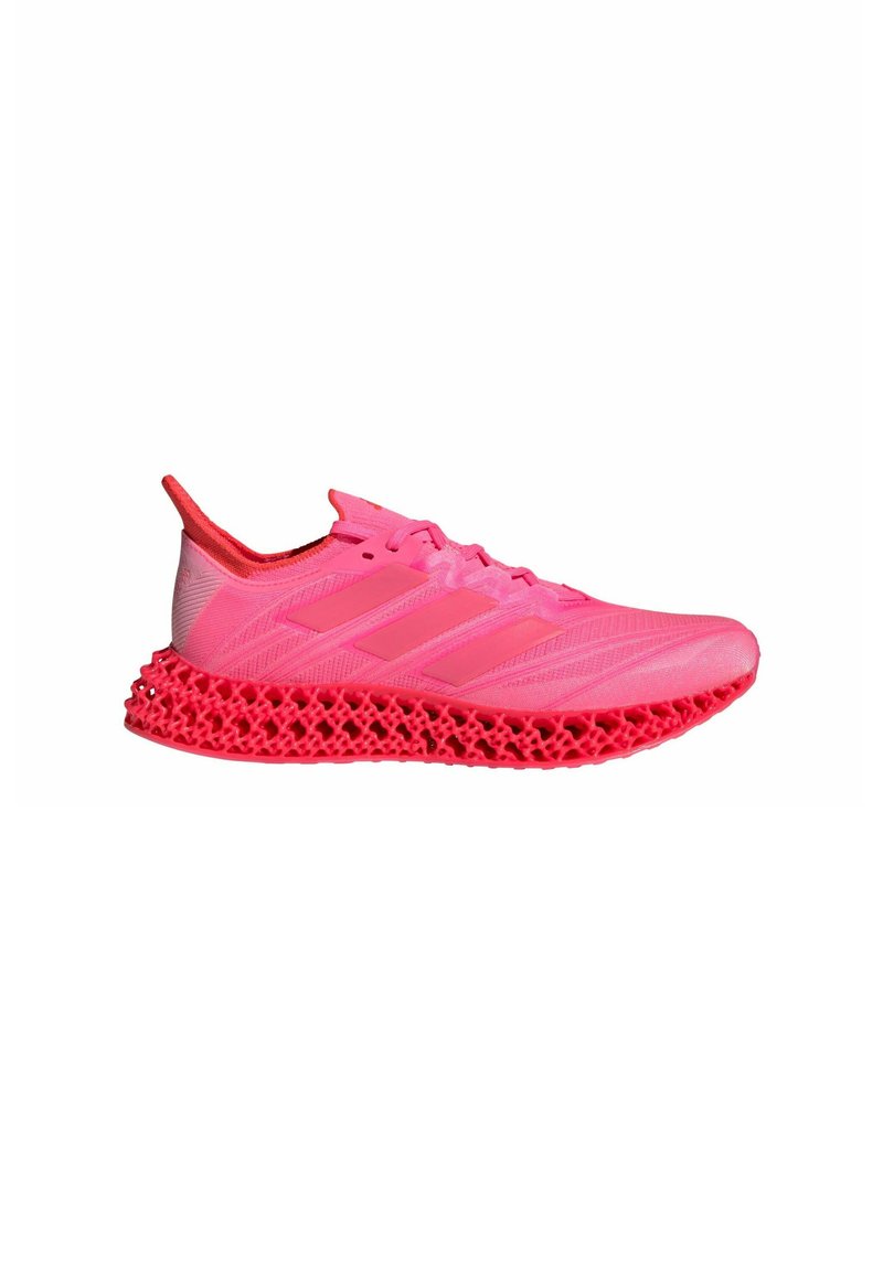 Scarpa atletica rosa con tomaia in tessuto traspirante, design a tre strisce e suola caratterizzata da un motivo a rete distintivo. Dettagli in rosa più scuro.