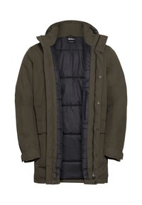 Parka noire vert foncé avec une doublure épaisse noire. Dispose d'une capuche, d'une fermeture éclair à l'avant, de fermetures à pression et de plusieurs poches à l'extérieur.