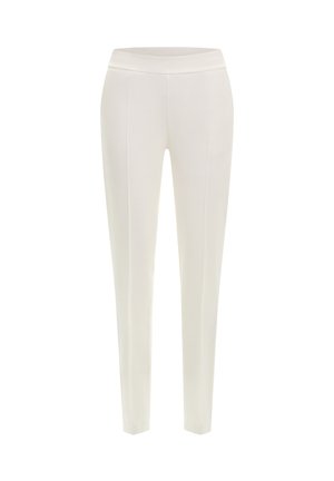 Pantalones elásticos blancos con una cintura alta, que presentan detalles de costura vertical y un diseño ajustado. Textura suave sin herrajes visibles.