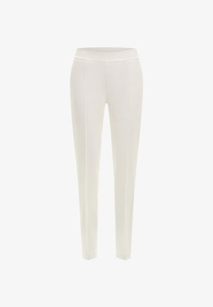 Pantalones elásticos blancos con una cintura alta, que presentan detalles de costura vertical y un diseño ajustado. Textura suave sin herrajes visibles.