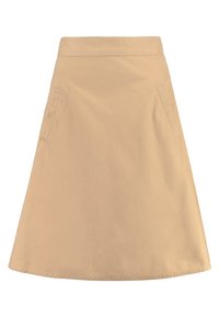Falda A-line de algodón beige con una textura suave, dos bolsillos laterales y un corte a la altura de la rodilla, con una cinturilla recta y costuras sutiles.