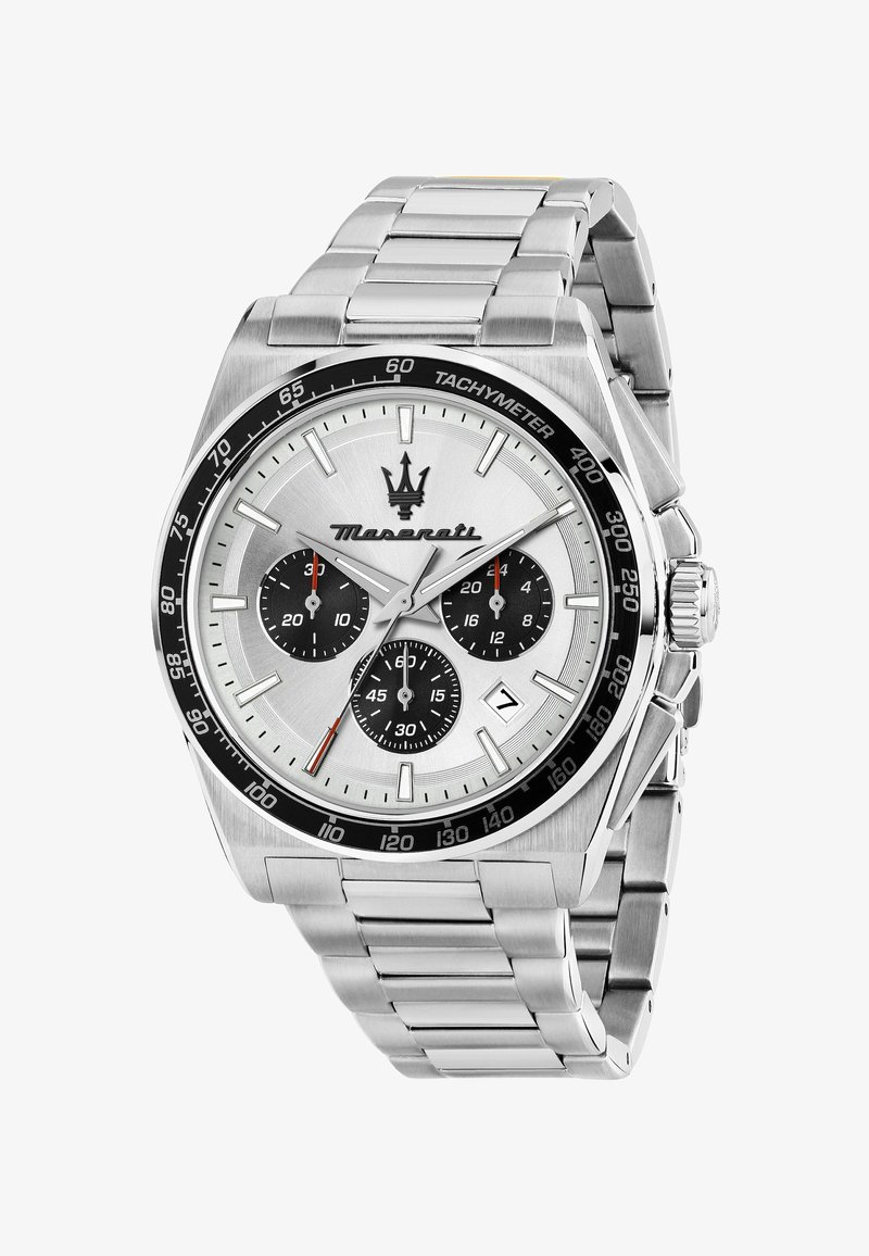 Orologio da polso cronografo argento con cinturino in acciaio inossidabile, quadranti neri, lunetta tachimetrica e display numerico alle 6.