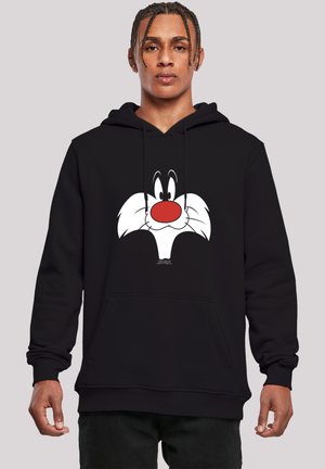 Black hoodie with front pocket, featuring a cartoon character graphic with a white mustache and red nose, made from soft fabric.