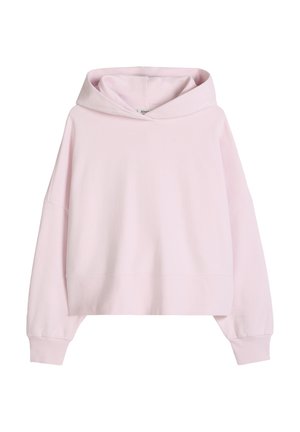 Hellrosa cropped Hoodie mit langen Ärmeln, gerippten Bündchen und lockerer Passform, vor weißem Hintergrund präsentiert.