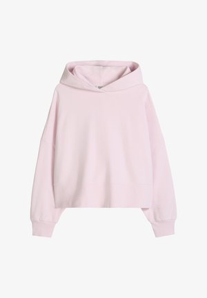 Hellrosa cropped Hoodie mit langen Ärmeln, gerippten Bündchen und lockerer Passform, vor weißem Hintergrund präsentiert.