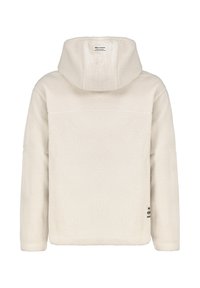 Weiße Fleecejacke mit Kapuze, strukturierter Oberfläche, langen Ärmeln und einem kleinen Logotag am Saum. Waschetikett sichtbar.