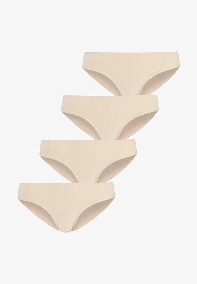 Mutande di cotone beige, taglio midi con cintura elastica morbida, texture liscia, cuciture minime, quattro pezzi disposti in modo sovrapposto.