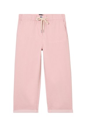 Pantaloni a metà lunghezza di colore rosa chiaro, realizzati in morbido cotone, con vita elastica, cordino regolabile e orlo arrotolato sui polsini.