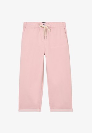 Helle rosa, mittellange Hosen aus weicher Baumwolle mit einem elastischen Bund, verstellbarem Kordelzug und aufgerolltem Saum an den Bündchen.