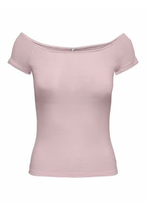 Lyserød, off-shoulder top lavet af glat, strækbart stof. Korte ærmer og en tætsiddende design uden synlige mønstre eller udsmykninger.