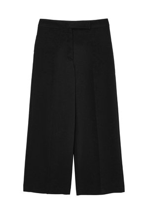 Pantaloni neri a gamba larga con una texture liscia, vita alta, tasca anteriore e dettagli cuciti, progettati per una vestibilità rilassata.