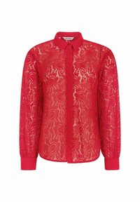 Red lace blouse featuring a collar, button closure, and long sleeves with gathered cuffs. Intricate paisley pattern throughout the fabric.