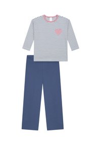 Gestreepte witte en marine blauwe longsleeve top met een roze halslijn en een hartpatch, gecombineerd met effen blauwe broek. Beide van zacht stof gemaakt.