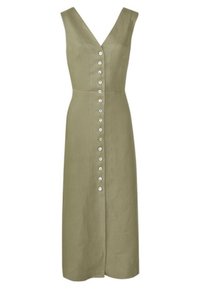 Robe en lin vert olive avec un décolleté en V, un buste ajusté et une jupe longue. Elle présente une rangée de boutons sur le devant et une texture lisse.