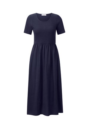 Donkerblauwe jurk van jersey met korte mouwen, een ronde halslijn en een ontspannen taille, met een gathered rok die tot de grond valt.