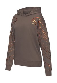 Brauner Kapuzenpulli mit metallischen Kupferwirbelmustern an den Ärmeln, aus weichem Material mit lockerer Passform und gerippten Bündchen gefertigt.