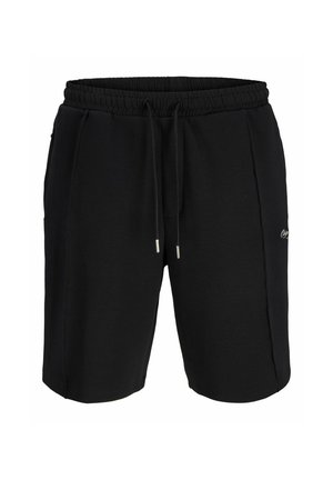 Black sweat shorts made of soft fabric with an elastic waistband and drawstring. Features side pockets and a subtle logo detail.