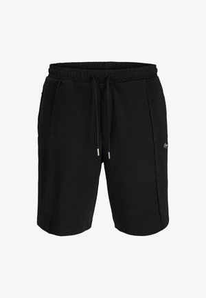 Czarne szorty z materiału przypominającego dres, z elastycznym pasem i sznurkiem do regulacji. Posiadają boczne kieszenie oraz subtelny detal z logo.