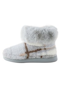 Grauer und weißer kariertem Kuschelhausschuh mit einem weichen, pelzigen Bund, einer flachen grauen Sohle und einem strukturierten Obermaterial für Komfort und Wärme.