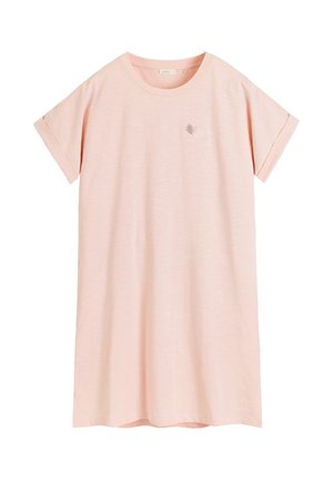 Jasnoróżowa sukienka T-shirt z krótkim rękawem z podwiniętymi mankietami i małym haftowanym liściem na piersi.