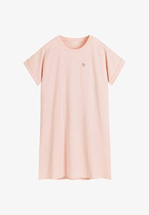 Jasnoróżowa sukienka T-shirt z krótkim rękawem z podwiniętymi mankietami i małym haftowanym liściem na piersi.