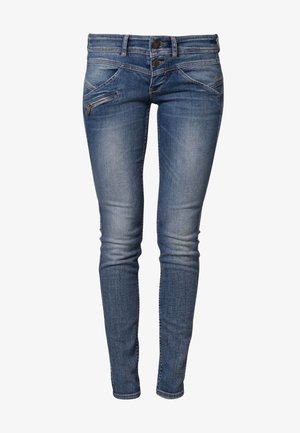Niebieskie jeansy slim fit z wyblakłymi detalami, przednie kieszenie na zamek błyskawiczny, w tym mała skośna kieszonka na zamek po lewej stronie.