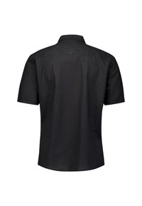 Korte mouwen zwarte shirt gemaakt van katoen. Heeft een klassieke kraag, rechte zoom en een enkele knoopdetail op de achterkant. Eenvoudig ontwerp.