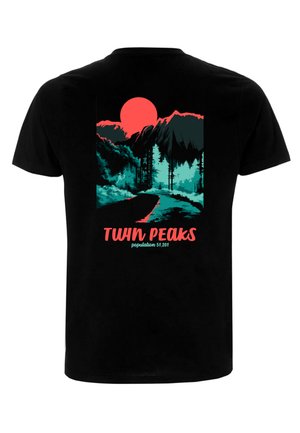 Black t-shirt featuring a colorful graphic of mountains, a red sun, and text reading "TWIN PEAKS" and "population 51,201."