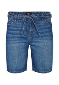 Denim šorti vidēji zilos toņos ar teksturētu virsmu, ar auklu jostasvietā, pieciem kabatām un kontrastējošu šuvju.