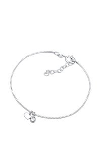 Silverfärgad kedjeband med ett hjärtanhänge och en klar stenspänne, med en kräftklor clasp och justerbara längdval.