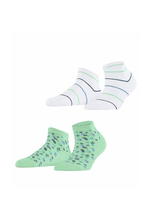 Twee paar enkelsokken: één wit met groene, blauwe en zwarte strepen; één lichtgroen met kleine blauwe en zwarte bloemmotieven.