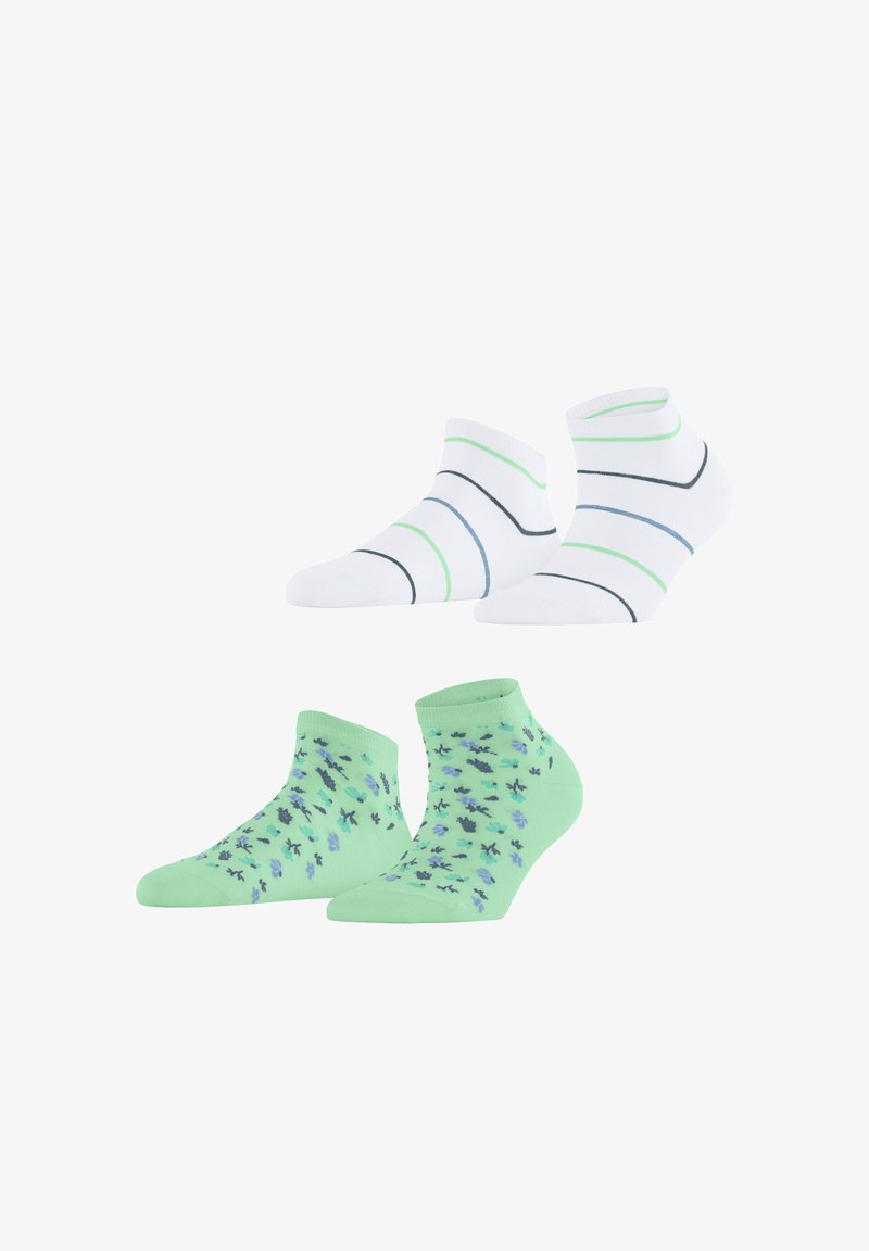 Deux paires de chaussettes cheville : une blanche avec des rayures vertes, bleues et noires ; une vert clair avec de petits motifs floraux bleus et noirs.