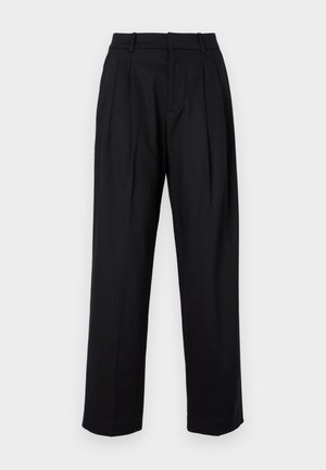 Black trousers with a tailored design, featuring a high waist, pleats, and straight leg cut. Made from smooth fabric with a solid color.