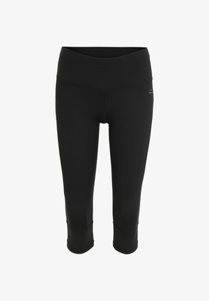 Black athletic capri pants made from stretchy fabric with a smooth texture, featuring a wide waistband and minimalist design.