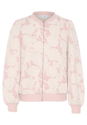 Rosa Bomberjacke mit weißer Blumenstickerei, gerippten Bündchen und Kragen. Besitzt einen durchgehenden Reißverschluss und einen weichen, strukturierten Stoff.