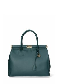 Bolso de mano de cuero teal con un diseño estructurado, dos asas, herrajes dorados y un cierre frontal. Cuenta con un candado removible y acentos laterales.