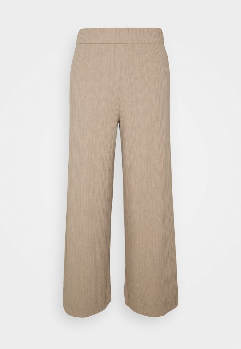 Pantalon beige à jambes larges avec un motif côtelé texturé et une taille élastique. L'ourlet est fini, offrant un bord net.