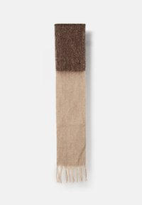 Sciarpa in lana con una parte superiore marrone e una parte inferiore beige, dal texture morbida e con estremità frangiate per un tocco di dettaglio.