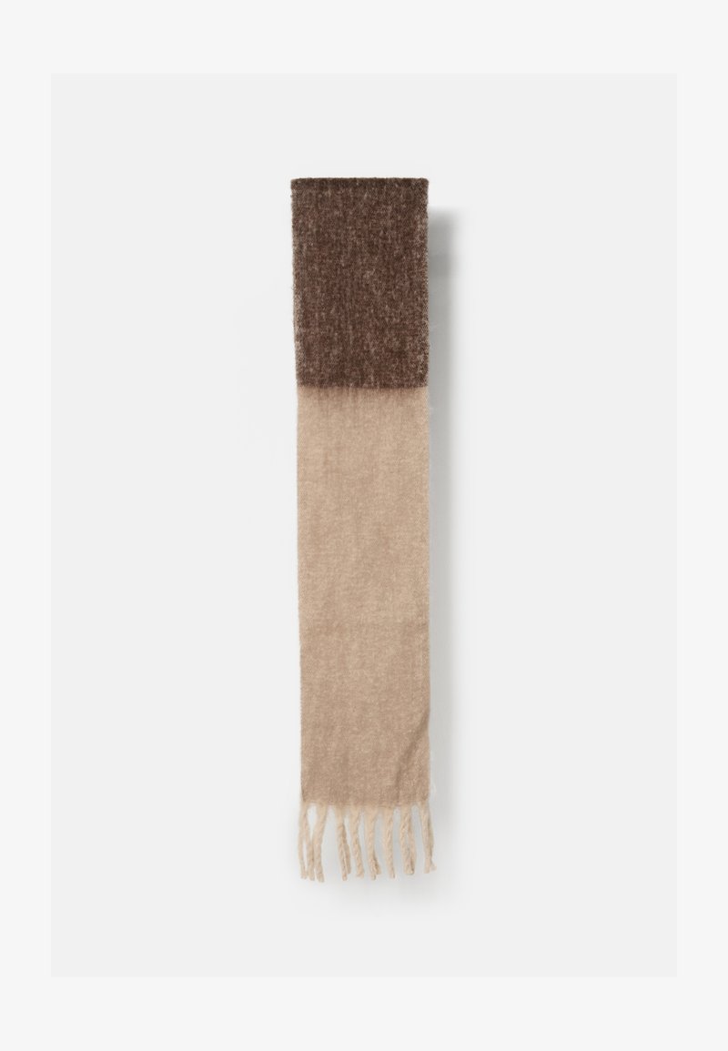 Sciarpa in lana con una parte superiore marrone e una parte inferiore beige, dal texture morbida e con estremità frangiate per un tocco di dettaglio.