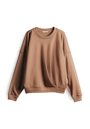 Sweatshirt brun avec un col rond, des épaules tombantes et des poignets côtelés. Fabriqué en tissu doux, offrant une coupe décontractée et une texture lisse.